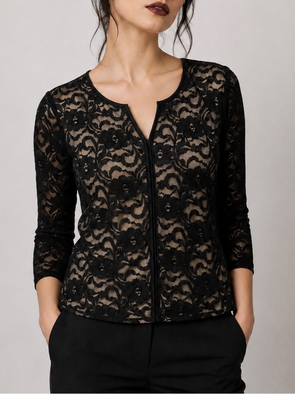 Tribal Black Floral Lace Top S Nude Lined V Neck 3/4 Sleeve Sheer Romantic Goth